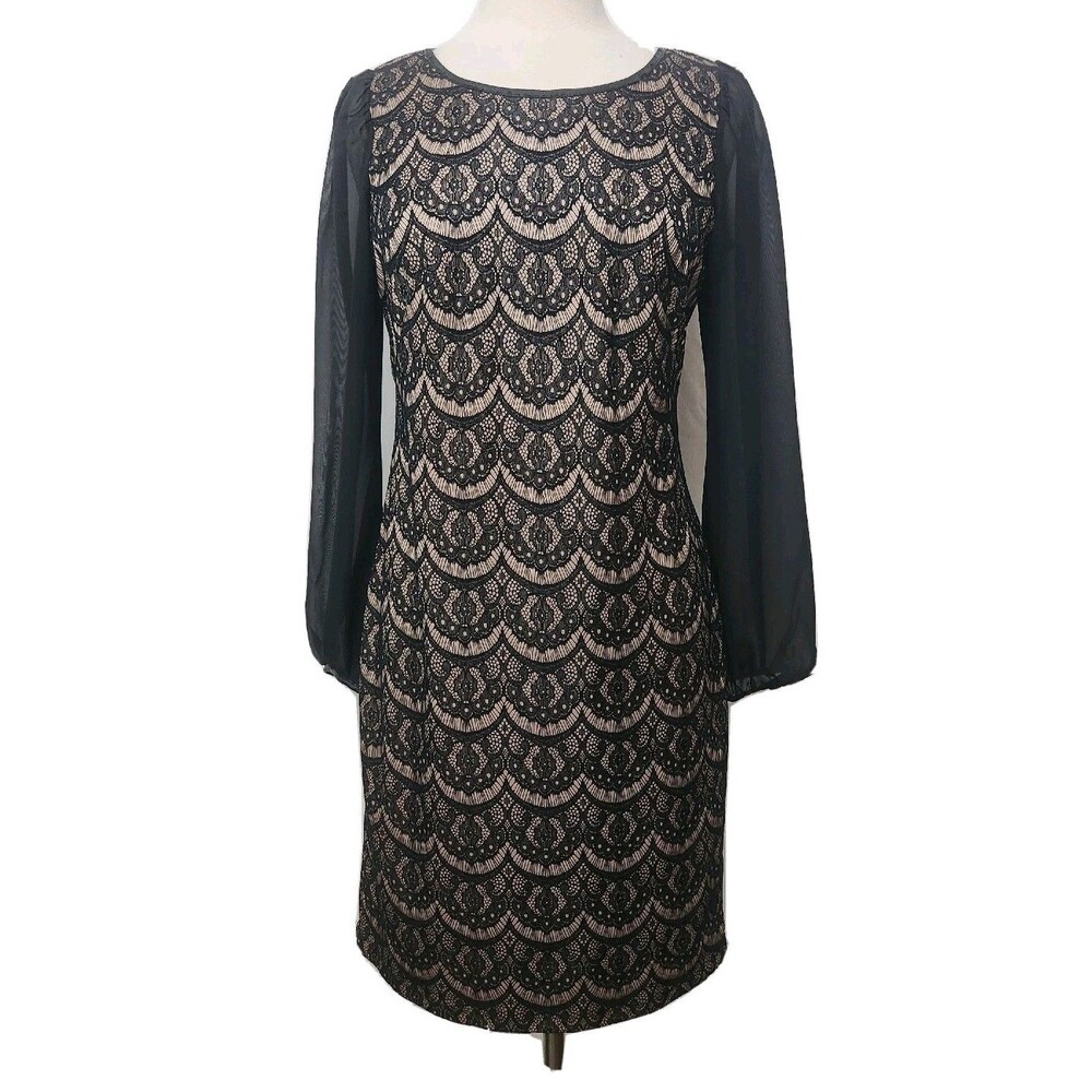 DR COLLECTION Dress 10 Black Brown Lace Print Knit Back Zip Sheer Sleeve Party